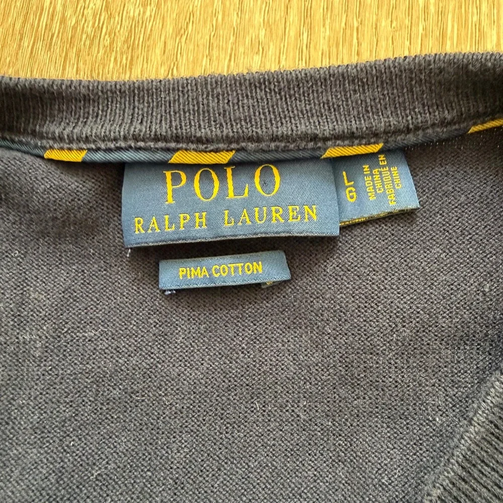Polo Ralph Lauren Pima Cotton V-Neck Sweater Mens Large Navy Blue Red‎ Pony Logo